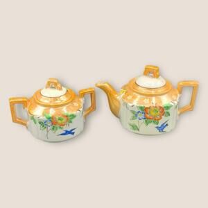 Lusterware Japan Vintage Teapot Sugar Bowl Orange 1930s Porcelain Floral Birds